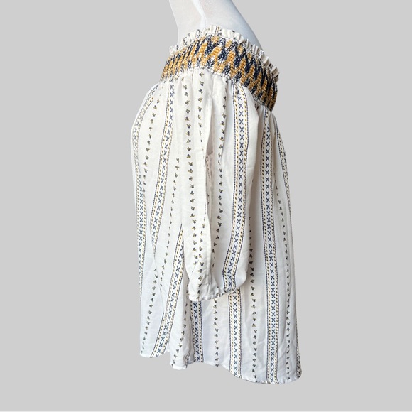 J By J.O.A Smocked Off Shoulder Floral Striped White Top. White, blue, & yellow - Picture 6 of 10